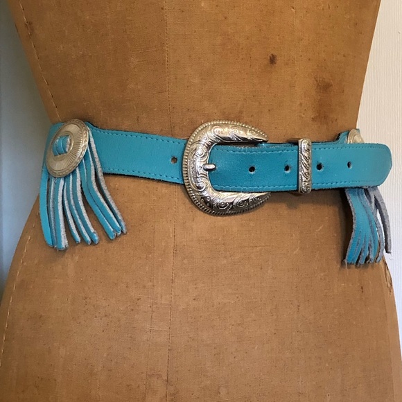 Vintage Accessories - Charley stone teal leather fringe western belt